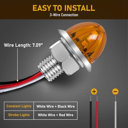 10PCS Mini Watermelon Lights, 3/4 Inch Strobe & Constant Dual Function Amber LED Watermelon Lights, IP65 Waterproof Side Clearance Tail Griller Flash Lights Turn Signal for 12V Semi Trailers Trucks RV — view 6