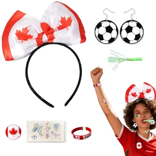 Canada Day Decorations Headband,2026 Soccer Fan Support Kit for Canada Fans,Patriotic Party Supplies Includes Tattoos Stickers Bracelets Earrings & Whistles for Game Day Photo Props
