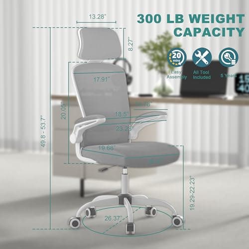 Mimoglad Office Chair, Comfy Desk Chair - High Back Ergonomic Computer Chair with Adjustable Lumbar Support & Headrest, Flip-up Armrests for Guitar Playing (Moon Grey)