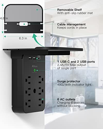 Wall Outlet Extender - Surge Protector 6 AC Outlets Multi Plug Outlet with Shelf, 2 USB and USB C Charging Ports Wall Plug Expander, USB Wall Charger Outlet Splitter for Home (Black) — view 2