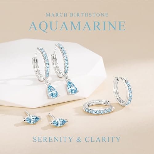 GoldGifts March Birthstone Aquamarine Earrings - Light Blue Jewelry Gift, Hypoallergenic Sterling Silver Small Huggie Hoop Set for Women, Dainty Trendy Stack Dangle Studs for Cartilage Helix — view 2