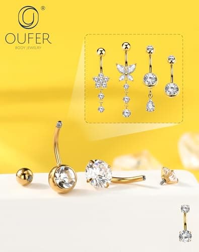 OUFER Gold Belly Button Ring – 5PCS Surgical Steel Belly Rings for Women, 14G Dangle Navel Piercing Jewelry Piercing Nombril with CZ Butterfly Flower Teardrop Barbell for Beach Festival — view 5