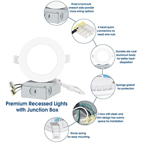 INCARLED 4inch 5CCT LED Recessed Slim Pot Lights with Junction Box, 2700K-5000K Color Changeable, 16Pack IC Rated Recessed Lighting (16Pack, 5000K/4000K/3500K/3000K/2700K-5CCT)