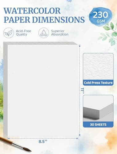 30 Sheets Watercolor Paper 8.5 x 11, Cold Press Watercolor Paper Bulk, 110 LB/230 GSM Water Color Paper Pad 8.5 x 11, Watercolor Supplies for Kids Adults, Paint Paper for Sketching, Acrylic, Gouache