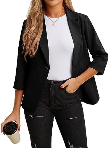 GRECERELLE Blazers for Women Lightweight Suit Jackets 3/4 Sleeve Casual Work Office Blazer Jacket with Pockets Black-6 — view 5