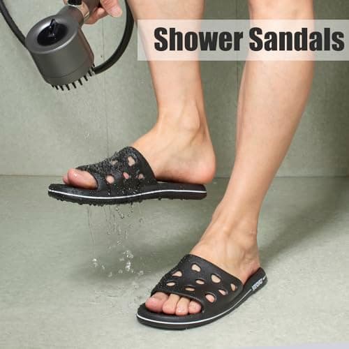 FINLEOO Shower Shoes for Women Men, Quick Drying Shower Sandals with Drain Holes Non-Slip Pool Slides Comfortable Lightweight House Slippers-Black — view 6