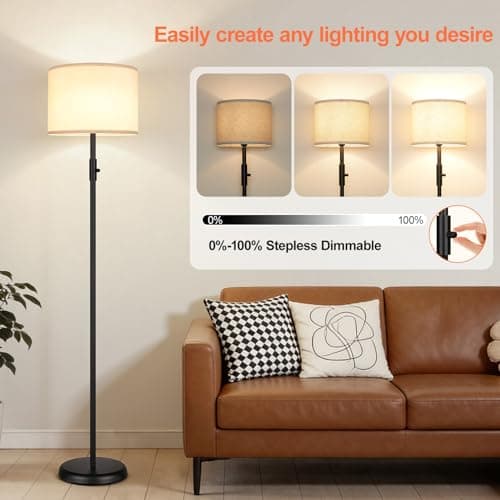 【Upgraded】 Dimmable Floor Lamp for Living Room,1000 Lumens Bulb Included, Modern Floor Lamps Simple Design with Linen Shade, Tall Standing Lamp for Bedroom Office Dining Room, Black Pole Lamp — view 2