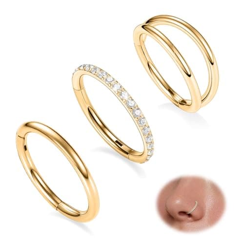 20g Nose Ring Hoop Earrings Gold Nose Hoops with CZ Lip Rings Double Hoop Septum Hoop Seamless Septum Clicker 10mm Septum Ring Cartilage Helix Rook Earrings Conch Piercing Jewelry Surgical Steel