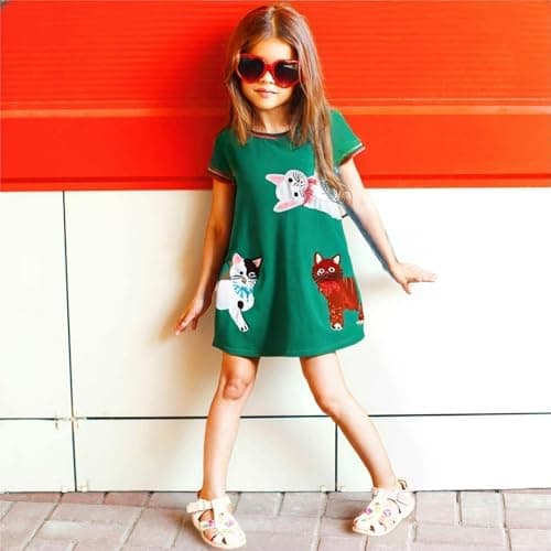 Winzik Toddler Summer Dress, Little Girls Short Sleeve Cotton Casual Dresses Cat Clothes 2-8 Years (3-4T, Cat Green) — view 3