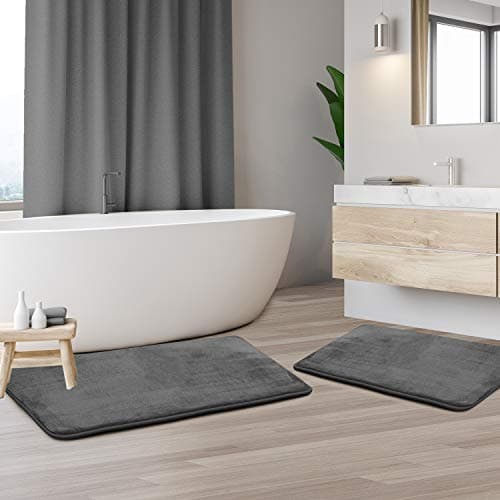 Clara Clark Bath Mat Set – Memory Foam Bath Mat - Soft Bathroom Rug - Non Slip and Super Absorbent - Fast Drying Machine Washable Bath Mat Set of 2 20 x 32, 17 x 24, Grey