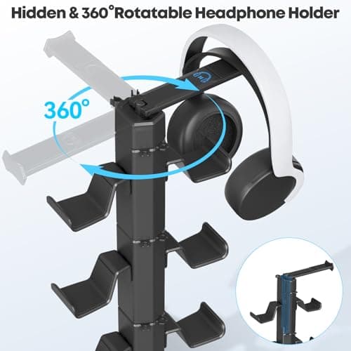 Controller & Headset Holder Stand for Desk, with Charger Cable Organizer Headphone Stand for PS5/ Xbox/ PS4/ Switch, Metal Base Controller Hanger Hook for Storage Earphones, Game Console, Mobile Phone