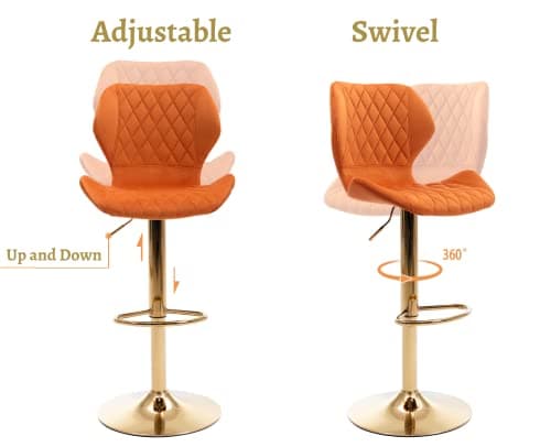 EALSON Velvet Bar Stools Set of 2 Counter Height Barstools with Back Swivel Bar Chairs with Gold Base Modern Adjustable Kitchen Island Stools for Home Bar/Dining Room, Orange — view 4