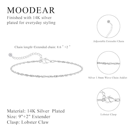Moodear Ankle Bracelets for Women 14K Silver Plated Anklet Twist Chain — view 4