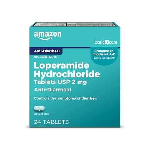 Amazon Basic Care Loperamide Hydrochloride Tablets, 2 mg, Anti-Diarrheal, 24 Count (Pack of 1)