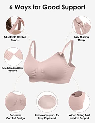 HOFISH Pack of 3 Women's Wirefree Seamless Bras with Additional Bra Extensions and Clips, Black/Grey/Pink Elegant, M