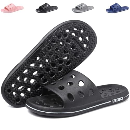 FINLEOO Shower Shoes for Women Men, Quick Drying Shower Sandals with Drain Holes Non-Slip Pool Slides Comfortable Lightweight House Slippers-Black