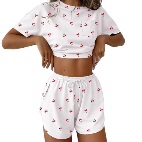 Ekouaer Womens Cherry Pajama Sets Sexy Lounge Sets Side Split Short Pj Sets Cute Pjs 2 Piece Comfy Sleepwear Loungewear Little Cherry Medium