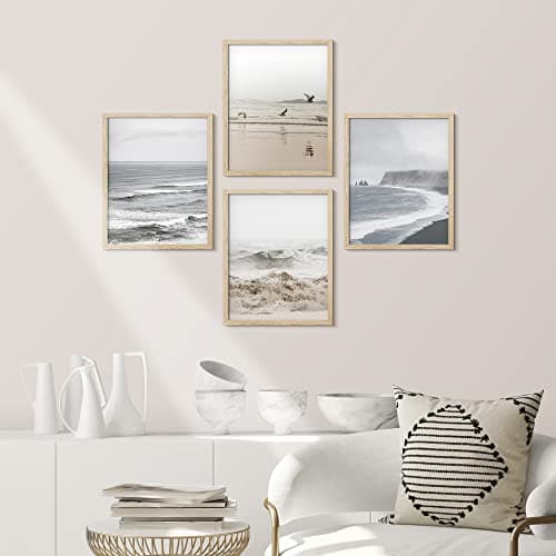SIGNWIN Framed White Minimal Ocean Beach Seashore Coastals Wall Art, Set of 4 Landscape Colorful Wall Decor Prints, Nature Wilderness Wall Décor for Living Room, Bedroom - 11"x14" Natural