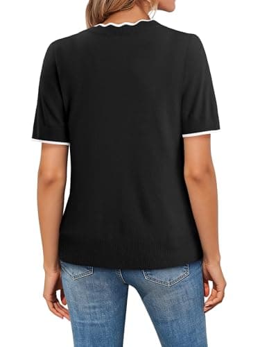onlypuff Womens Summer V Neck Sweaters Pullover Basic Clothes Cozy Lightweight Sweaters Short Sleeve Tops Black — view 3