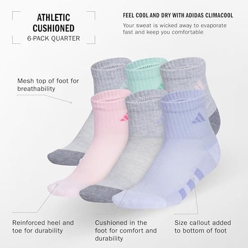 adidas Kids Cushioned Quarter Ankle Socks for Boys and Girls (6 Pairs) Durable & Comfortable, Cool Light Heather/Grey/Semi Flash Aqua Blue/Girls, M — view 3