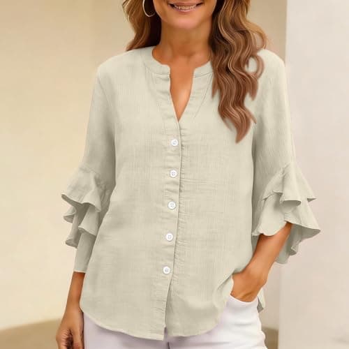 3/4 Ruffle Sleeve Cotton Linen Shirts for Women Dressy V Neck Beach Tunic Tops Elegant Summer Casual Work Blouses Yellow — view 6