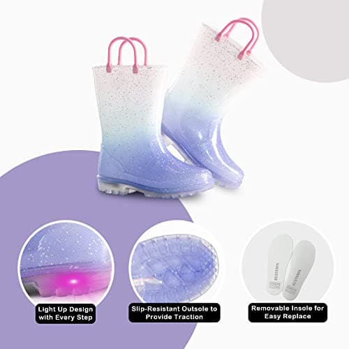 EUXTERPA Kids Toddler Light Up Rain Boots Girls Waterproof Patterns and Glitter Boots with Easy On Handles, Purple Gradient, Little Kid Size 13 — view 4