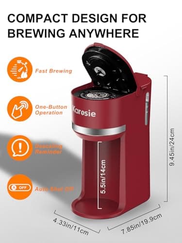 Karosie Single Serve Coffee Maker for K-Cup and Ground Coffee, Fast Brew, 6-12 oz Brew Sizes One Cup Coffee Machine Fits 5.5" Mugs, One-Button Small Coffee Maker with Descaling Reminder, Red — view 5