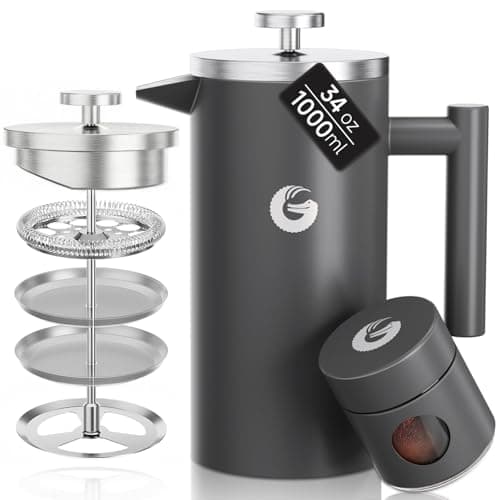 Coffee Gator 304 Grade Stainless Steel French Press Coffee Maker 34 oz, Double Wall Insulated Hot Cold Brew Teapot with 4-Level Filtration System, Include Travel Jar Canister, Kitchen, Gray
