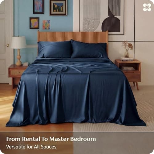 Bedsure King Size Sheets Set, Cooling Sheets for Hot Sleepers, Rayon Derived from Bamboo, PureWoven, Breathable & Soft, Deep Pocket Up to 16 Inches, Hotel Luxury Silky Bedding, Navy — view 4