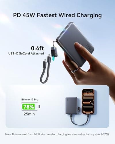INIU Slimmest Power Bank for MagSafe, 10000mAh Qi2.2 Certified 25W Wireless & 45W Wired USB C Fast Charging Portable Charger, Flight-Safe Travel Phone Magnetic Battery Pack for iPhone 17-12 Series — view 3