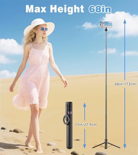 TONEOF 68" Magnetic Selfie Stick Tripod with Aluminum Strong Magnetic Holder for Magsafe, 360° Rotatable Travel Phone Tripod Stand with Metal Ring & Rechargeable Remote for iPhone/Android（Black） — view 5