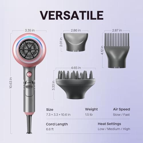 Wavytalk Hair Dryer with Diffuser, Blown Away Ionic Hair Dryer for Curly Hair with Comb, 1875W Fast Drying Blow Dryer with Ceramic Technology, 3 Attachments for All Hair Types, Light and Quiet, Rose Pink — view 5