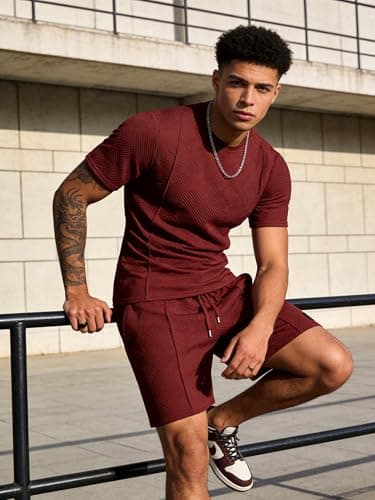 UOUA Mens Short Sets 2 Piece Summer Outfits Casual Short Sleeve Crew-Neck Shirts & Shorts Track Suit Jogging Loungewear, Wine Red 2XL