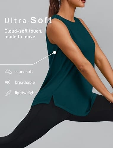 PINSPARK Workout Tops for Women Sleeveless Athletic Tank Tops UPF 50+ Running Tanks with Side Slits Loose Fit Gym Yoga Shirt, Moss Teal, Large — view 3