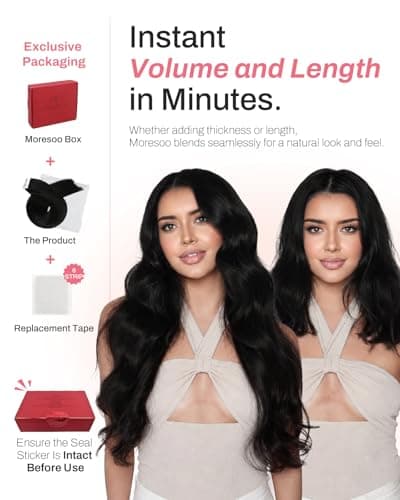 Moresoo Black Tape in Hair Extensions Human Hair 18 Inch Off Black Hair Extensions for Women Remy Skin Weft Human Hair Tape in Extensions #1B to Add length and Volume 20pcs 50G — view 3