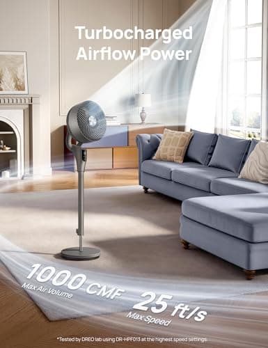 DREO Fan for Bedroom, 90° Oscillating Standing Fan, 20dB Quiet, 90ft Pedestal Fans for Room Office, DC Motor, 8+H Speeds, 3 Modes, 38-42'' Adjustable Height, Remote, 8H Timer, 105° Manual Vertical — view 2