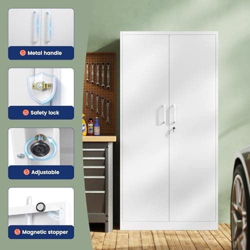 Yizosh Metal Garage Storage Cabinet with 2 Doors and 5 Adjustable Shelves - 71" Steel Lockable File Cabinet,Locking Tool Cabinets for Office,Home,Garage,Gym,School (White) — view 3