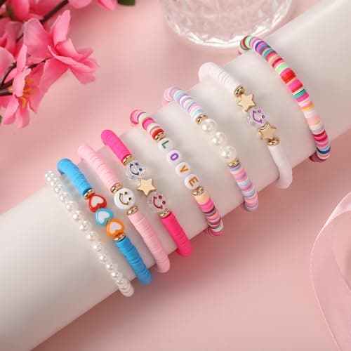 YALASOBA Colorful Smile Heart Star Bracelets Set - Y2K Kidcore Aesthetic - Polymer Clay Pearl Beaded Charm Stackable Jewelry for Women, Girls, Teens(Multi Color) — view 5
