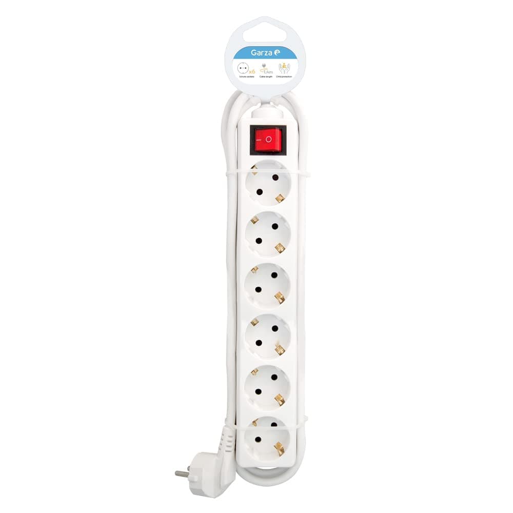 Garza Power - Regleta de 6 enchufes con Interruptor y Toma de Tierra | Ladrón múltiple de 1.4 Metros | hasta 3680W | Protección Infantil |Cable H05W-F 3G | Color Blanco — view 2