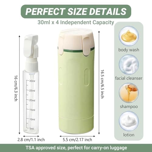 4-in-1 Travel Dispenser Bottles Set Leak-Proof Refillable Travel Toiletries Containers Women Essentials for Shampoo,Lotion,Conditioner & Cream (Green&White) — view 4