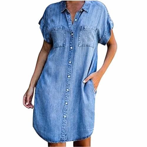 NaRHbrg Denim Dress for Women 2026 Trendy Button Down Short Sleeve Jean Dresses with Pockets Casual Loose Fit Comfy Sundress