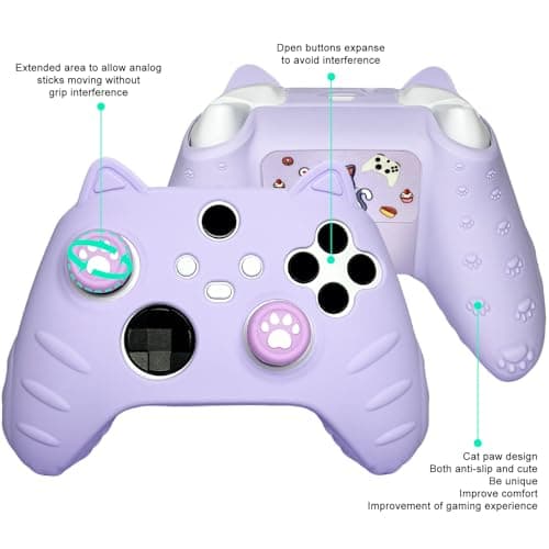 HLRAO Purple Cat Ear Xbox Series Controller Cover - Cute Silicone Skin with Cat & Paw Prints + 2 Matching Cat Paw Thumbstick Caps | Kawaii Cute Stickers Non-Slip Grip for Xbox Series X/S Controller — view 3