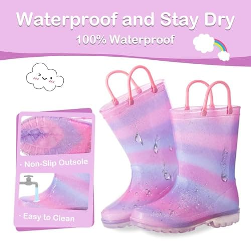 Toddler Kids Rain Boots Boys Girls Light Up Waterproof Boot with Handles, Little Kid Size 11, Pink Purple Blue — view 3