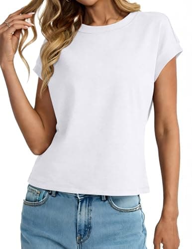 isermeo Womens Tops Casual Crewneck Cap Sleeve Tops Summer T Shirts Loose Fit Basic Tees Blouses White M