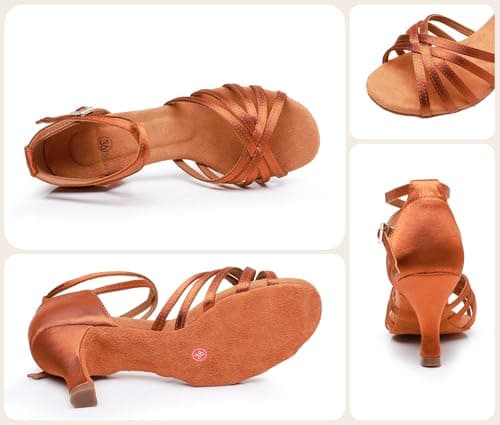 Rosefinch Latin Dance Shoes for Womens Satin Ballroom Salsa Practice Performance Wedding Dancing Shoes High Heels Dancing Shoes for Girls Ladies 7cm Brown 37 — view 3