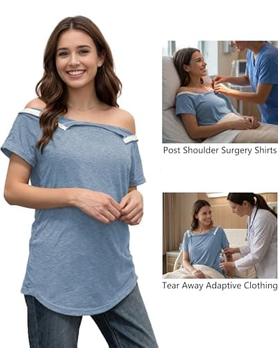 DOSWODE Post Shoulder Surgery Shirts for Women Tear Away Side Snap Short Sleeve Chemo Port Shirts Adaptive Clothing, Light Blue, Medium — view 2
