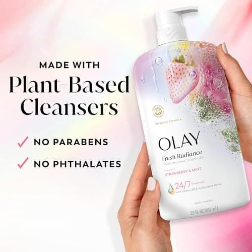 Olay Body Wash for Women, Fresh Radiance, 24/7 Skin-Loving Freshness, Visibly Radiant, Plant Based Cleansers, Vitamin B3 & Antioxidant Blend, For All Skin Types, Strawberry & Mint Scent, 29 fl oz — view 4