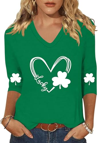 MEESHEEP St Patricks Day Shirt Women 3/4 Sleeve V Neck Irish Lucky Shamrock Tshirt