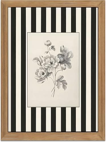Black and White Floral Wall Art Framed Canvas,Vintage Botanical Sketch Print, Minimalist Striped Modern Farmhouse Wall Decor for Living Room Bedroom Bathroom Kitchen 8x10inch