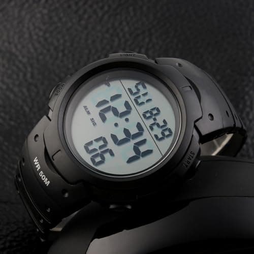 PASOY Unisex Simple Outdoor Sports Watch Big Dial Digital Light Swim Waterproof Rubber Band Alarm Black LED Watches for Mens and Women 50MM — view 2